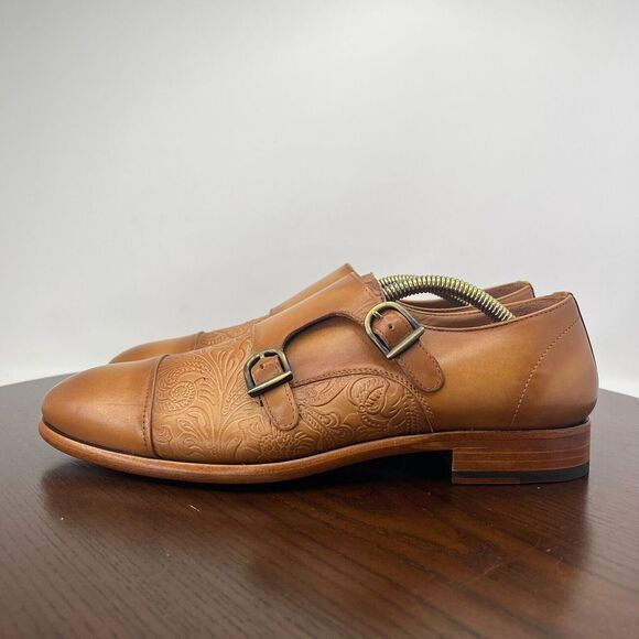 Taft The Lucca Monk Shoes Men's 39 / 6 Tan Emboss‎ Leather Double Strap Cap Toe - Picture 1 of 16